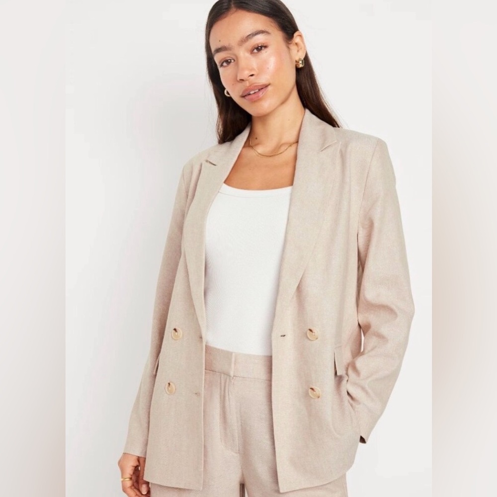 Old Navy L Cream Double Breasted Linen Blend Blazer Jacket